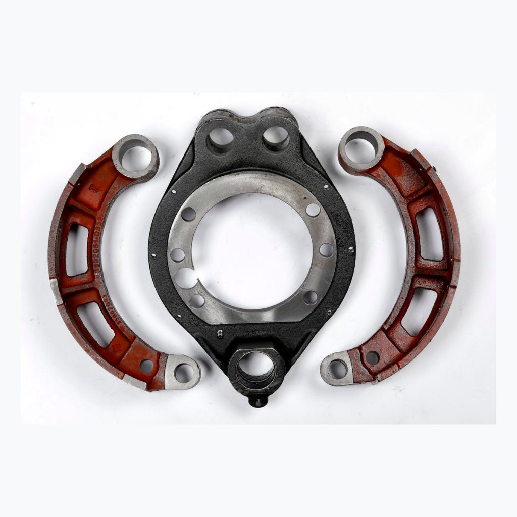 Complete brake shoe and backing plate assembly for drum brake service programs