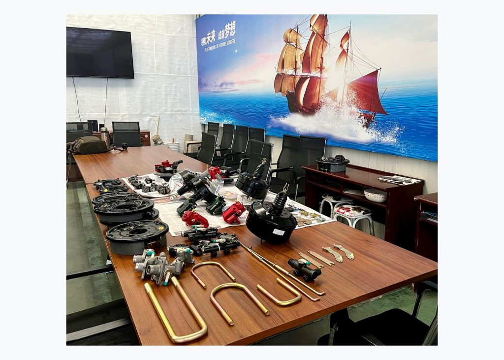 Complete brake parts showroom table for product range review