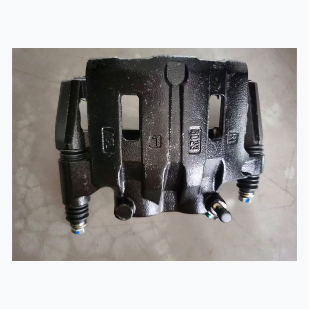 Complete black brake caliper rear mounting view