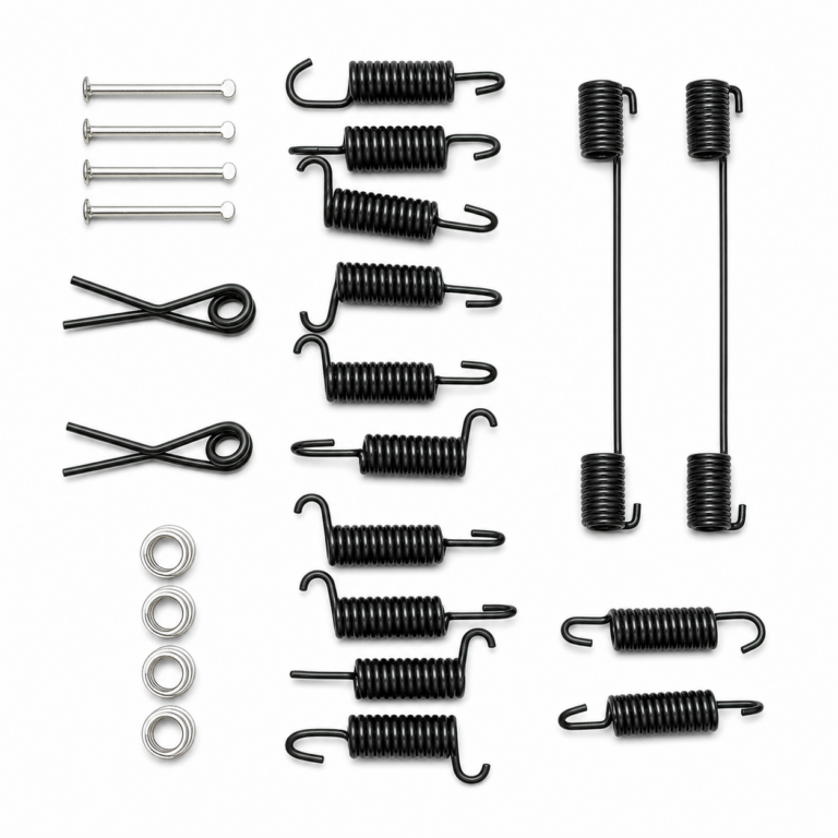 Brake hardware and repair kit components arranged for review